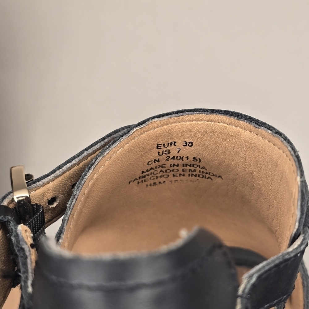 H&M Genuine Leather Sandal 3 Inch Block Heel Open Toe Adjustable Strap Black 7. - Picture 9 of 11
